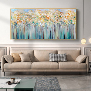 纯手绘油画发财树现代装饰画客厅沙发背景墙挂画招财横版手工壁画