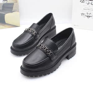 凤飞飞女鞋2021秋冬新款真皮中跟浅口方头学院鞋女单鞋1932-5