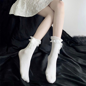 日系复古蕾丝花边中筒袜子女可爱甜美蝴蝶结洛丽塔短袜白夏季薄款