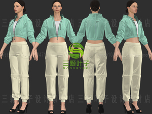 MD+Clo3d都市女性休闲套装3D模型 夹克裤子 MD服装打版源文件代下