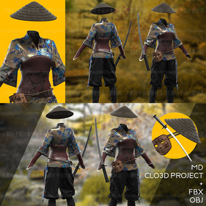 md clo3d日本女武士时装工程源文件 斗笠面具太刀服装cg素材0042