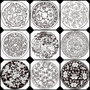 矢量线稿 ai传统图案 团花花饰边框动物龙凤瓷器纹样设计参考s042