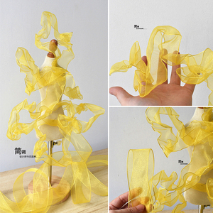 黄色透明欧根纱可塑性褶皱蕾丝花边辅料娃衣手工装饰材料布料网纱