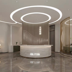 弧形公司前台接待半圆烤漆吧台美容院酒店仿大理石迎宾台中岛订做