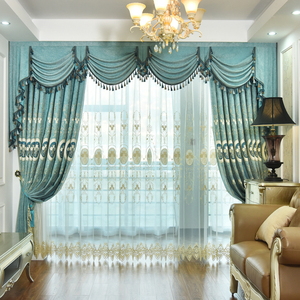 欧式窗帘豪华客厅高端绣花遮光窗帘布窗纱别墅奢华大气水波幔帘头