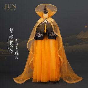 君设计 儿童橙色汉服古装中国风超仙轻纱女宝夏季薄款唐装连衣裙