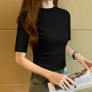 韩国半高领黑色t恤女中袖纯棉打底衫五分袖紧身气质半袖初秋上衣