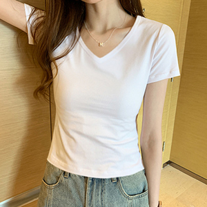 纯白色短袖T恤女韩版修身显瘦V领打底衫内搭夏季纯棉紧身黑色半袖