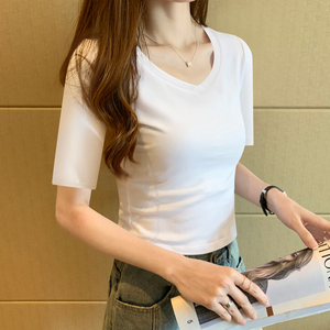 韩国白色T恤女小众设计感五7分袖短袖上衣大领口紧身V领中袖打底