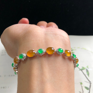 兄弟翡翠【新品】缅甸玉石珠宝高冰黄翡蛋面手链18k金镶嵌2338