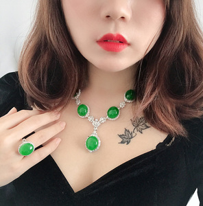 兄弟翡翠【新品】a天然翡翠女玉冰阳绿戒指项链18k金一套91742