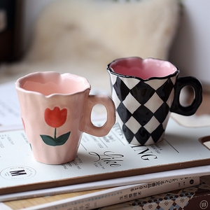 fanhome创意马克杯手捏陶瓷水杯ins风咖啡杯郁金香手绘高颜值杯子