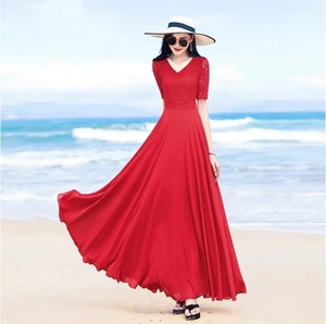 女装长裙到脚踝超长款2022夏季新款红色蕾丝大摆雪纺连衣裙女拖地