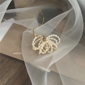 自制手工编织法式复古多层淡水珍珠14K包金耳线花朵绕线耳环耳饰