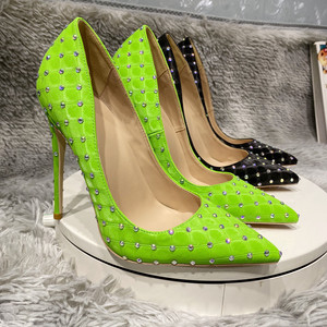 浅绿色高跟鞋女2022年新款细跟尖头婚鞋水晶亮片水钻单跟鞋12cm