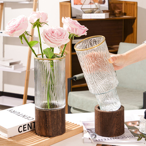 简约创意木托玻璃花瓶直筒银柳插花瓶富贵竹大花瓶客厅装饰摆件