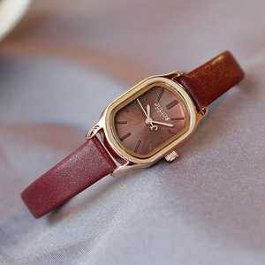 julius聚利时手表复古时尚简约椭圆酒红皮带气质学生防水石英女表