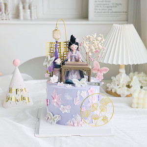 烘焙蛋糕装饰摆件古风琴棋书画屏风灯笼古典美女弹琴女孩生日插牌