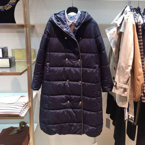 新颖哥弟特品牌女装2020冬装双排扣连帽过膝中长款羽绒服外套棉袄
