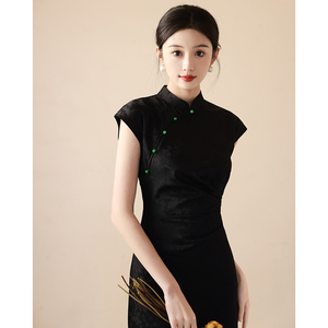 新中式纯黑色旗袍女法式小香风提花复古显瘦改良版A字连衣裙日常