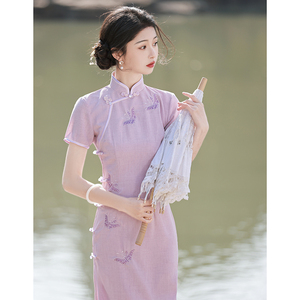 紫色旗袍2024年夏季女民国风刺绣复古温婉气质日常连衣裙小个子