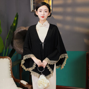 黑色针织旗袍斗篷披肩外搭女装民国风文艺复古纯色百搭日常开衫短