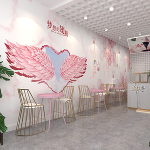 轻奢粉色翅膀直播间装饰背景墙壁纸奶茶甜品店养生美容美甲3d壁画