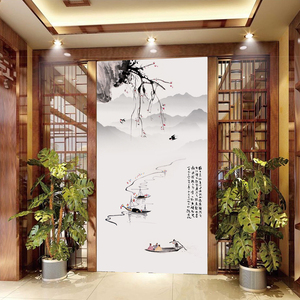 新中式水墨山水意境玄关墙壁纸别墅挑高巨幅竖版过道背景装饰壁画