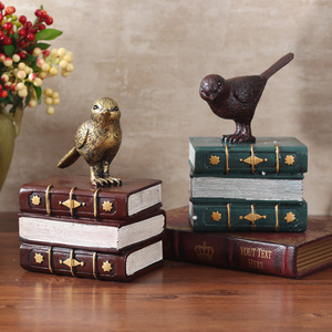 欧式复古树脂工艺品书房客厅桌面装饰摆件 小鸟书本书靠书挡摆设
