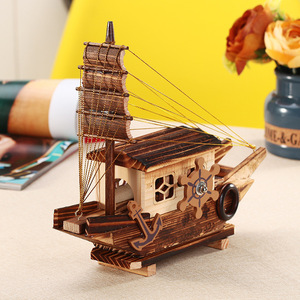 一帆风顺木质小船音乐盒创意黑帆船形发条八音盒同学生礼品工艺品