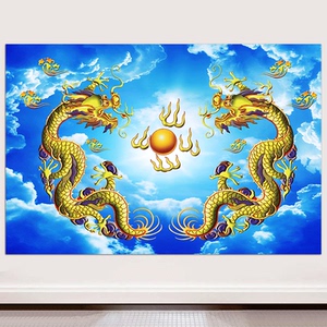 金龙戏珠蓝天白云双龙飞舞喜庆年画飞龙在天装饰画财源滚滚风水画