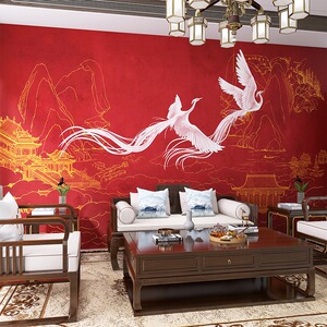 新中式故宫红凤凰壁画茶室卧室客厅古典背景墙布餐厅包厢装饰墙纸