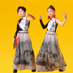 儿童演出服中国风水墨国潮女童舞台走秀爵士舞表演服嘻哈长袖套装
