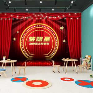 3d立体舞台背景墙纸小主持人主播表演剧场幕布口才培训班教室壁纸