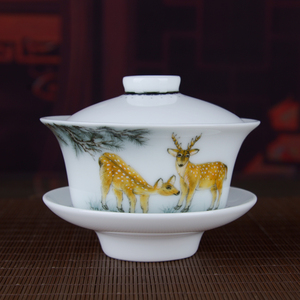 醴陵新世纪手绘釉下五彩陶瓷盖碗白瓷功夫茶具泡茶器复古礼盒装