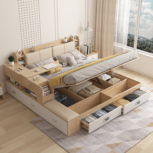 床主卧大床现代简约小户型高箱床多功能榻榻米床储物床板式双人床