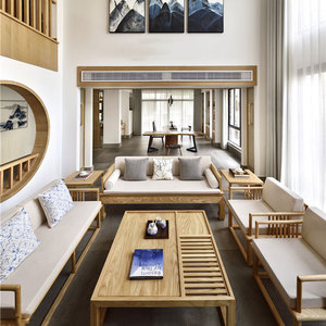 新中式沙发现代禅意简约布艺实木沙发组合原木色酒店会所民宿家具