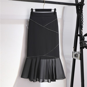 黑色鱼尾半身裙女夏季设计感小众高腰雪纺拼接中长款a字包臀裙子