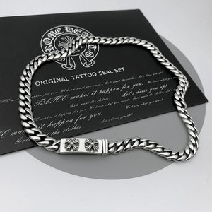 925纯银ch克罗心个性双十字架嘻哈潮男士女重工复古扁链古巴项链