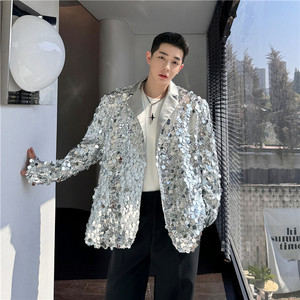 高级感银色亮片西装男设计感小众韩版炸街网红歌手舞台装西服外套