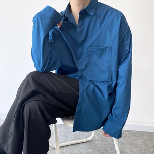 秋季冷淡风ins烟灰蓝长袖衬衫男宽松韩版气质网红简约休闲衬衣潮