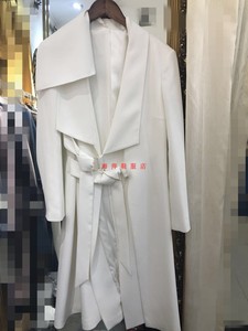 高定19年秋冬不对称领设计侧边系带修身收腰大气优雅白色风衣外套