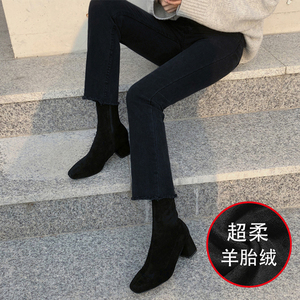 黑色牛仔裤女秋冬2023年新款高腰加绒加厚显瘦外穿九分微喇叭裤子