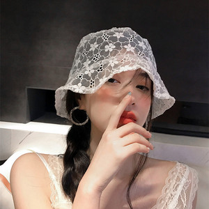 韩国新款镂空钩花蕾丝盆帽欧根纱白色仙女帽凹造型拍照渔夫帽子夏