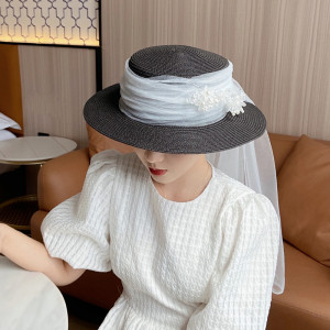 法式新娘珠花头纱长网纱平顶礼帽女夏天拍照海边度假防晒遮阳帽子