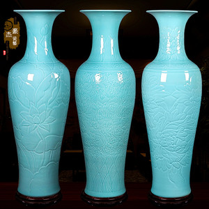 景德镇陶瓷器客厅落地大花瓶手工雕刻青瓷牡丹大号公司摆件装饰品