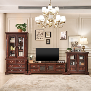 黑胡桃木电视柜组合美式轻奢玻璃高矮酒柜小户型客厅边柜实木家具