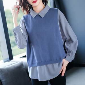 春秋季大码遮肉显瘦上衣外穿针织衫女带领子假两件衬衫拼接薄毛衣