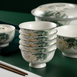 荷缘中式陶瓷餐具碗盘家用米饭碗大号汤碗泡面碗创意新骨瓷釉中彩