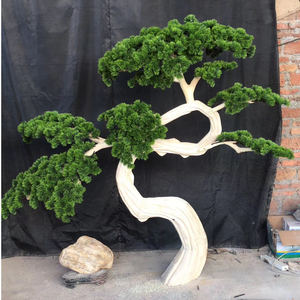 仿真松树人造崖柏松盆景日式室内景观松树装饰实木雕刻山水摆件树
